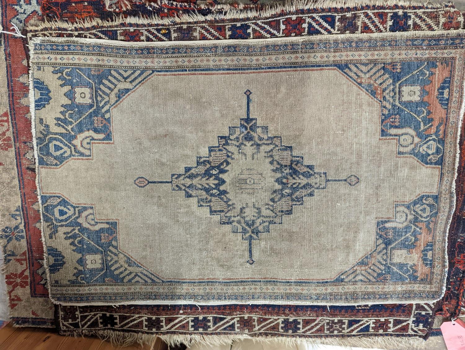 An antique Kuba rug, 118 x 84cm, a Kurdistan bag face, a Belouch bag face and two small rugs - Image 2 of 5