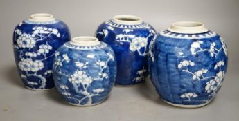 Eight various Chinese blue and white ‘prunus’ jars, largest 16 cm high