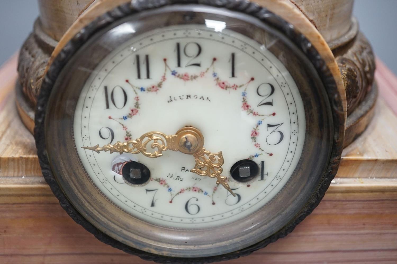 A spelter and marble figural mantel clock and a matching vase 47cm - Image 4 of 8