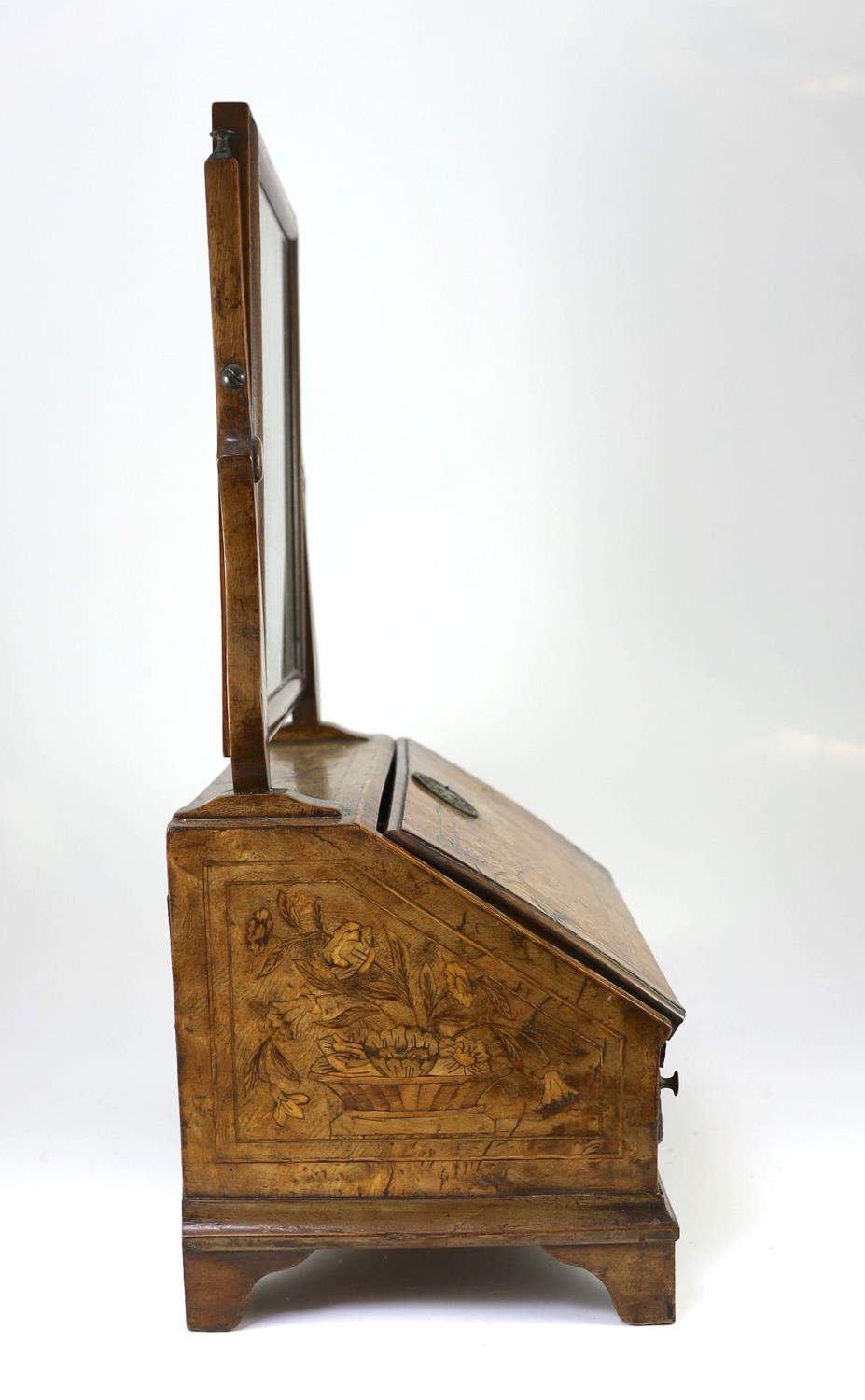 A mid to late 18th century Dutch walnut and marquetry toilet mirror bureau,with original plate, - Image 5 of 5