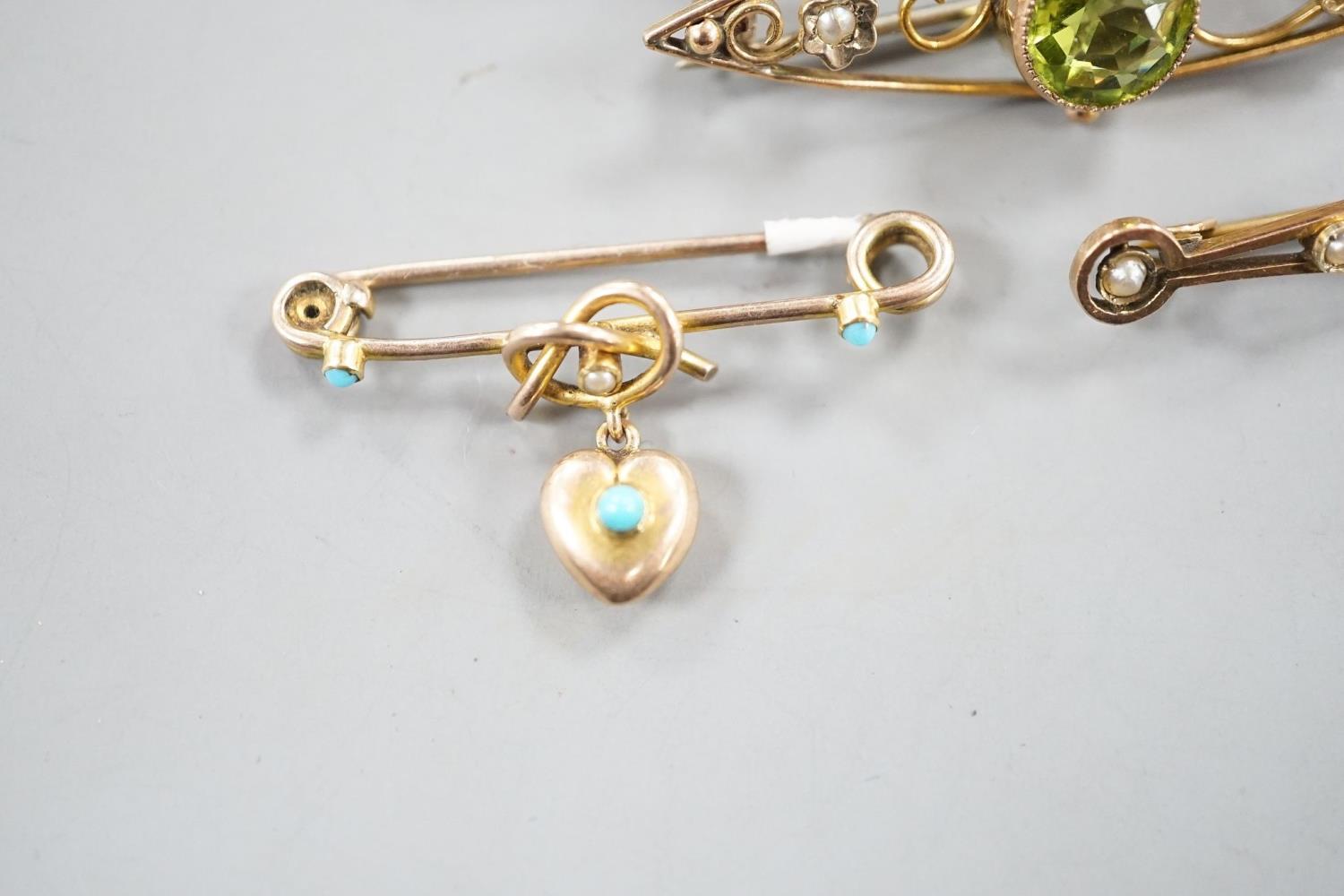 Five assorted early 20th century yellow metal and gem set brooches, including one 9ct and one with - Image 2 of 7