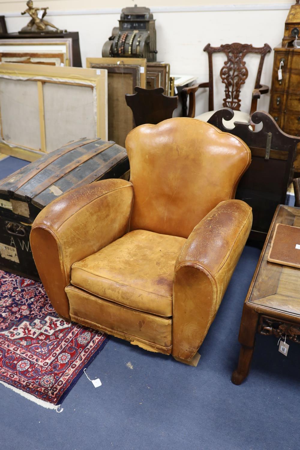 A pair of mid 20th century French tan leather club armchairs, width 90cm, depth 84cm, height 80cm - Image 4 of 5