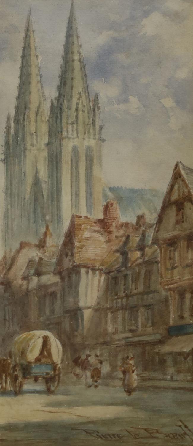 Pierre Le Boeff, watercolour, Continental street scene, signed, 27 x 12cm and an oil on card of an - Image 3 of 4