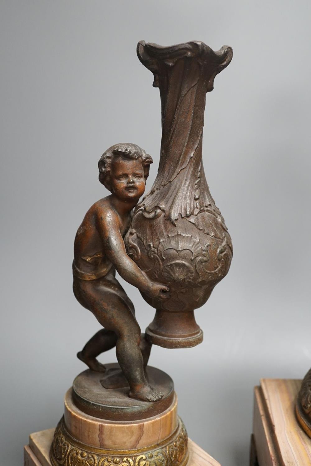 A spelter and marble figural mantel clock and a matching vase 47cm - Image 2 of 8