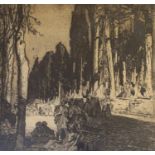 Frank Brangwyn (1867-1956), etching, Figures on a tree lined road, signed in pencil, 45 x 48cm
