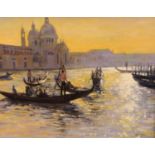 After Antoine Bouvard, oil on board, Gondoliers off Venice, bears signature, 40 x 50cm