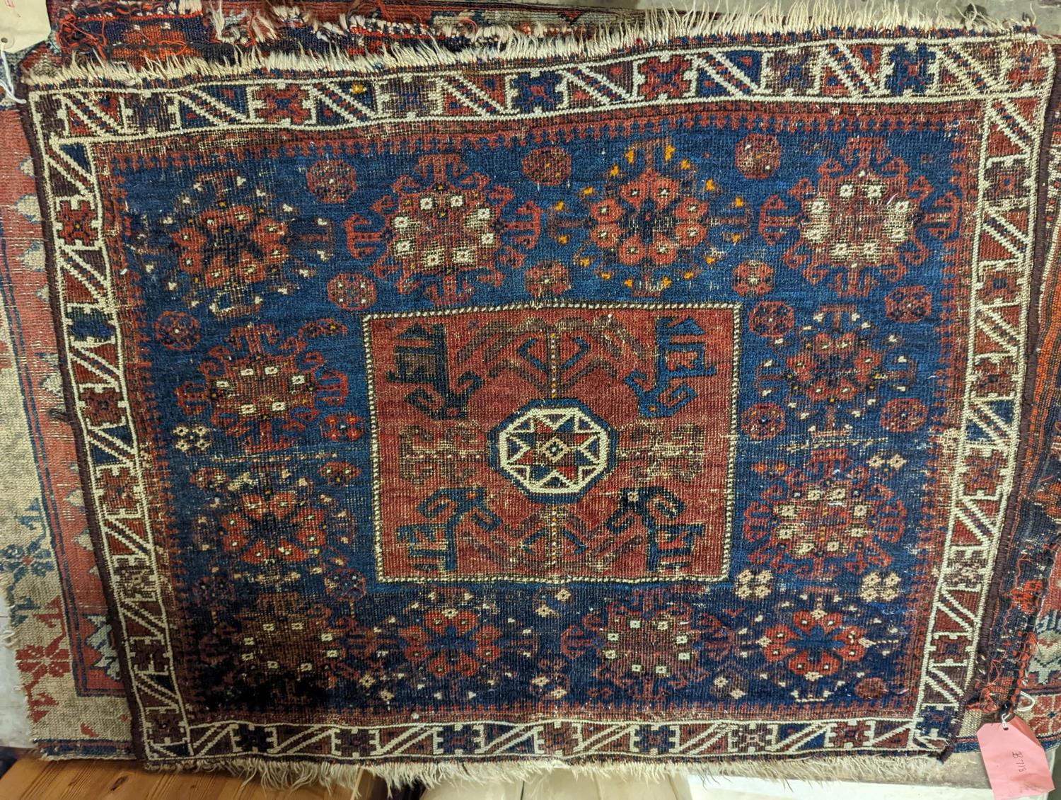 An antique Kuba rug, 118 x 84cm, a Kurdistan bag face, a Belouch bag face and two small rugs - Image 3 of 5