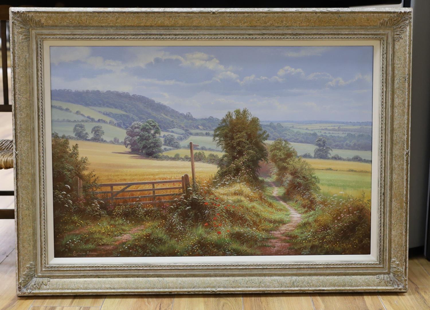 Christopher Osbourne (1947-), oil on canvas, 'Across the fields, The Pilgrims Way at Wrotham, Kent', - Image 2 of 4