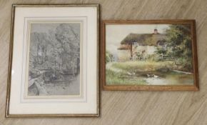 John Gutteridge Sykes (1866-1941), watercolour, Ducks with thatched cottage, signed, 27 x 37cm and a