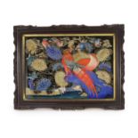 An unusual Korean reverse painted glass picture, 19th century, decorated with colourful birds amid