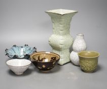 Chinese ceramics: three bowls, a cup and two vases, tallest vase 23cm