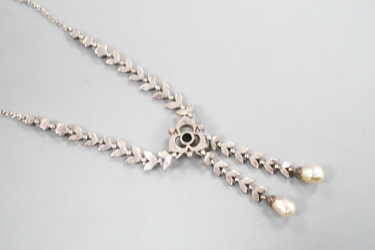 An antique white metal, two colour paste and simulated pearl set drop pendant necklace, 47cm. - Image 5 of 6