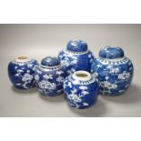 A pair of Chinese blue and white vases and eleven jars, six with covers.Vase and matching cover 28