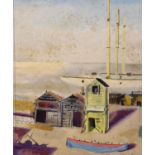 Rowland Suddaby (1912-1972), oil on board, Coastal scene with yacht builders huts, signed and
