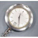 A base metal cased Eterna-matic manual wind dress pocket watch, with date aperture, on a metal