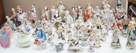 A large collection of small to medium German, French and English porcelain figurines and groups,