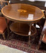 An Edwardian oval marquetry inlaid mahogany two tier occasional table, width 76cm, depth 54cm,