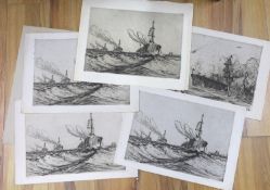 Nelson Dawson (1859-1941) five etchings;'The Dover Flotilla brings back HMS Botha', signed and