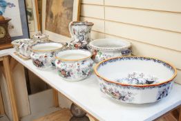 Victorian Masons Ironstone landscape pattern items to include a cheese dish, two chamber pots, Are