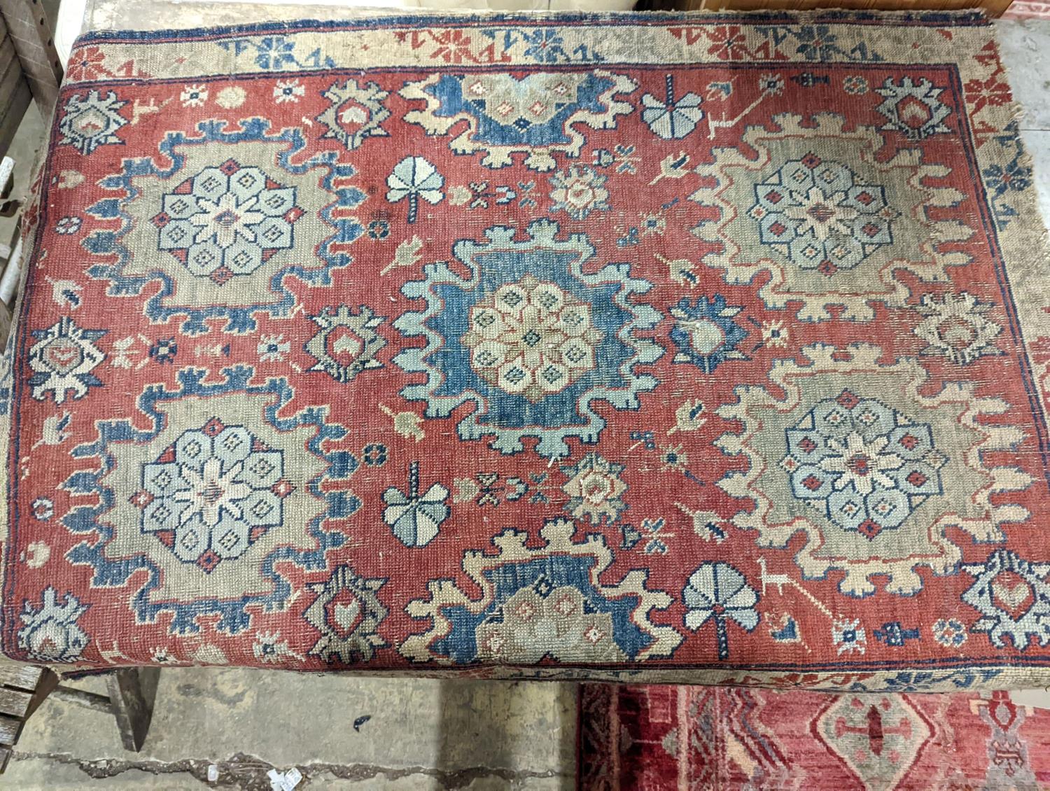 An antique Kuba rug, 118 x 84cm, a Kurdistan bag face, a Belouch bag face and two small rugs - Image 5 of 5