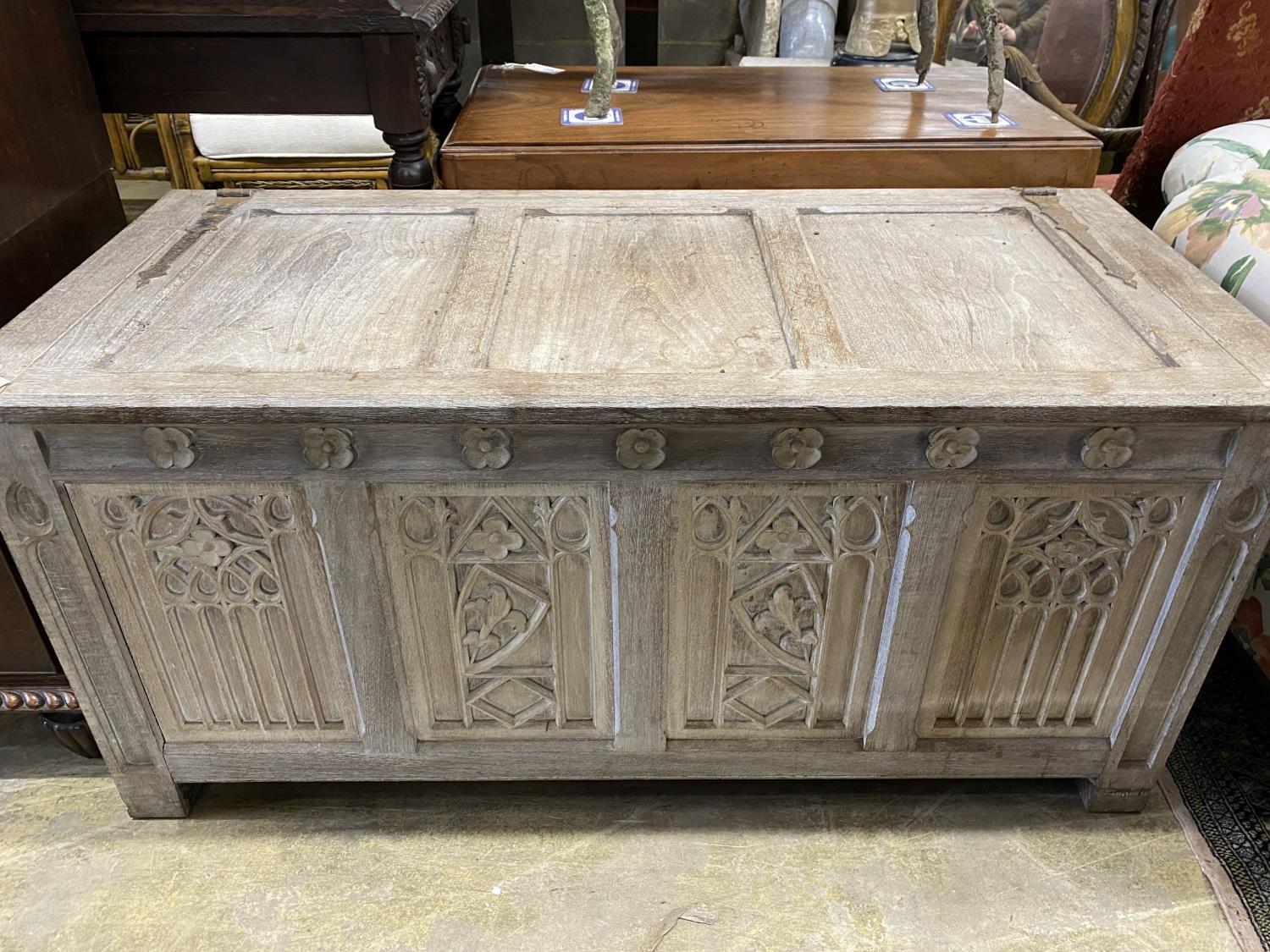 A 17th century style bleached oak coffer, length 136cm, depth 61cm, height 63cm - Image 3 of 3