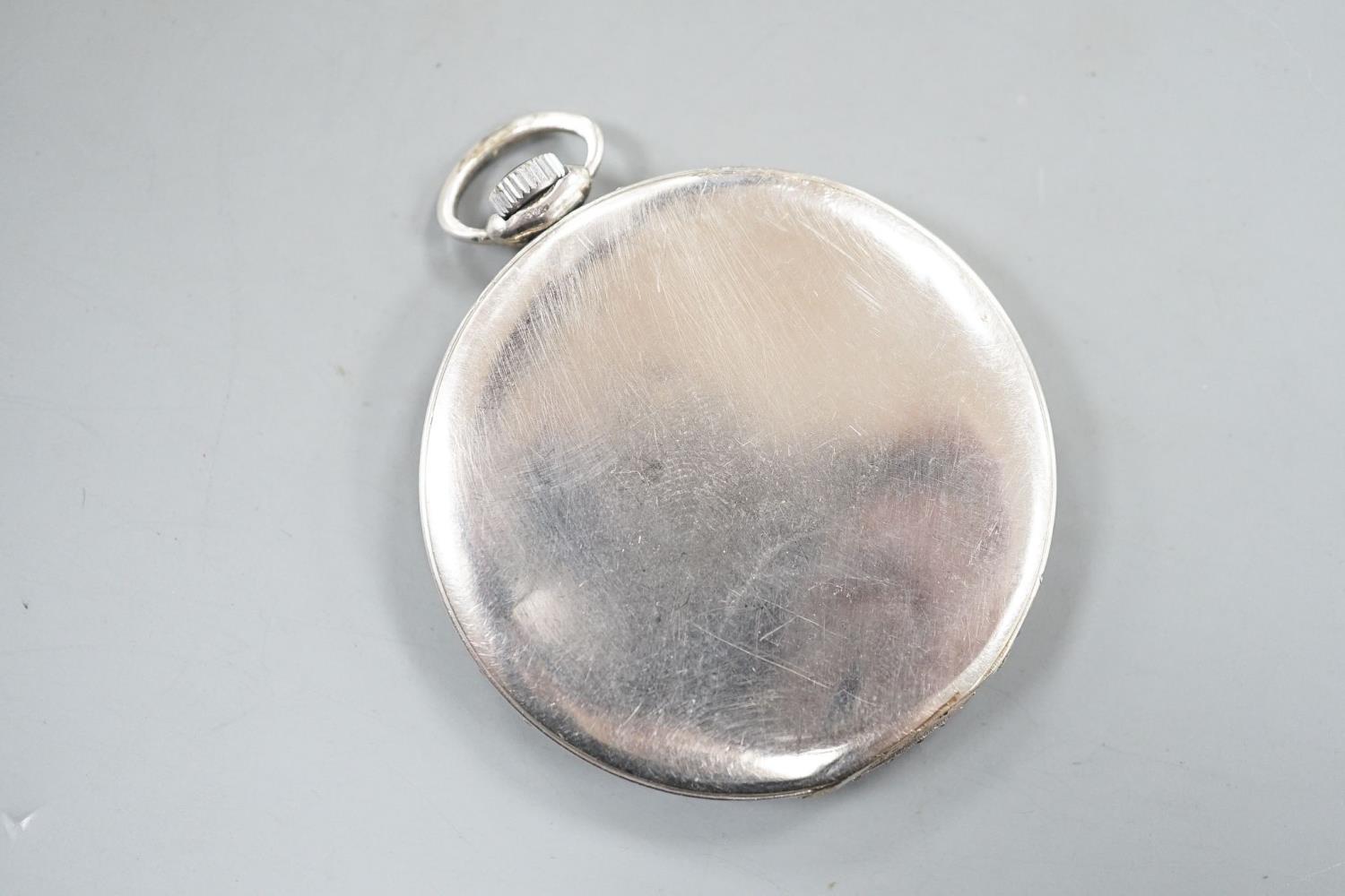 A mid 20th century white metal (stamped plat) and diamond set keyless open faced dress pocket watch, - Image 2 of 4