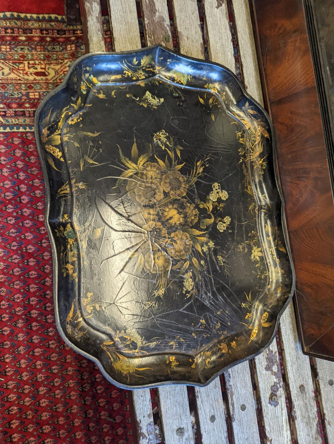 A Victorian papier-mache tray together with a Victorian rectangular mahogany wall mirror, width - Image 2 of 4