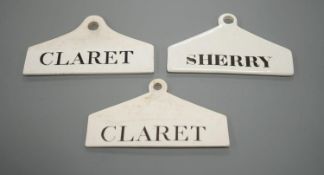 Three late 18th century creamware cellar labels, two claret stamped Wedgwood and one sherry,