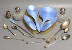 Two silver mounted glass scent bottles, a miniature Scottish silver vase, a five piece silver and