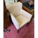 A pair of square framed armchairs with faux suede upholstery, width 60cm, depth 58cm, height 88cm