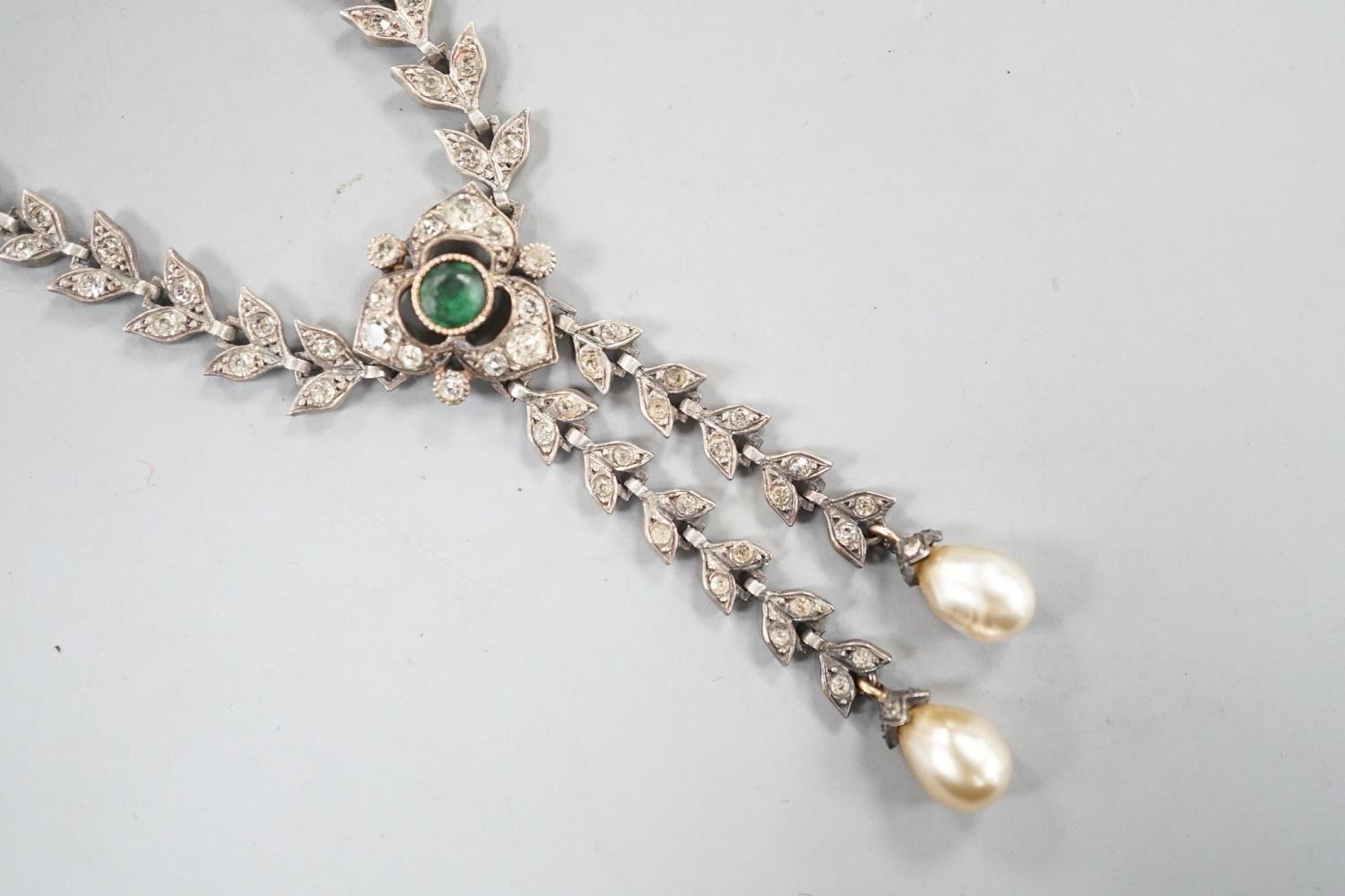 An antique white metal, two colour paste and simulated pearl set drop pendant necklace, 47cm. - Image 2 of 6