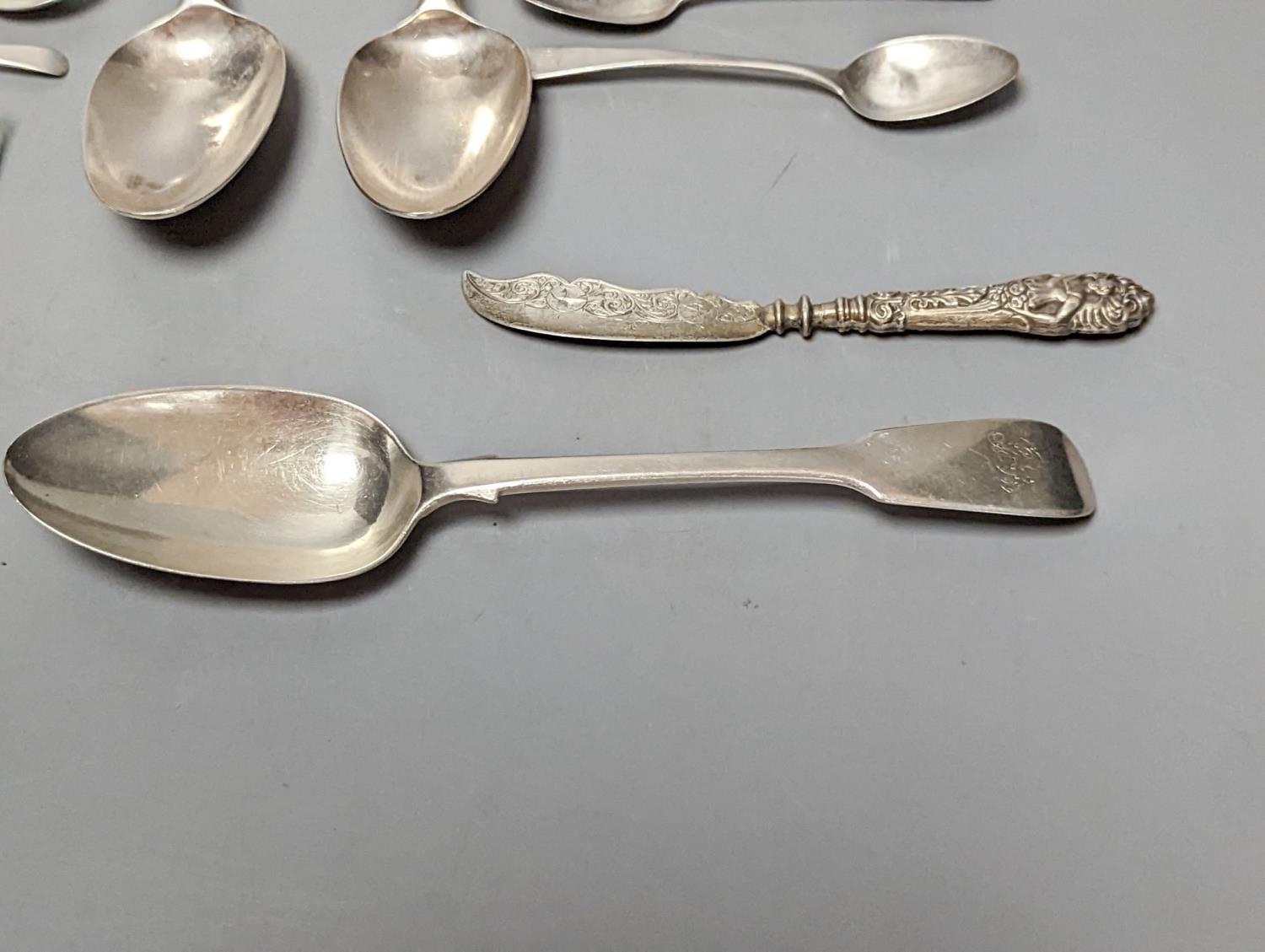 A small quantity of assorted mainly 19th century silver flatware including a pair of George III - Image 6 of 6