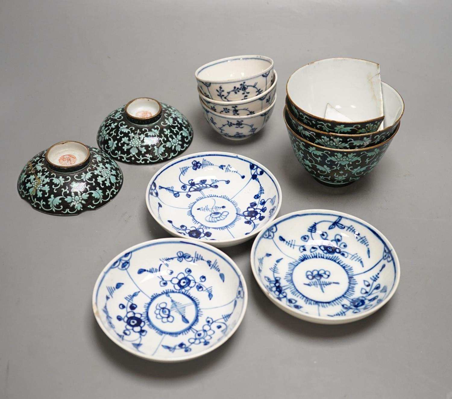 A 19th century Chinese black ground porcelain bowls and two covers, together with an three onion
