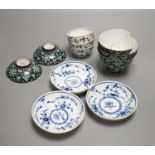 A 19th century Chinese black ground porcelain bowls and two covers, together with an three onion