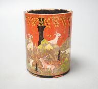 A Persian lacquer wood brush pot decorated with tigers hunting prey 10.5cm