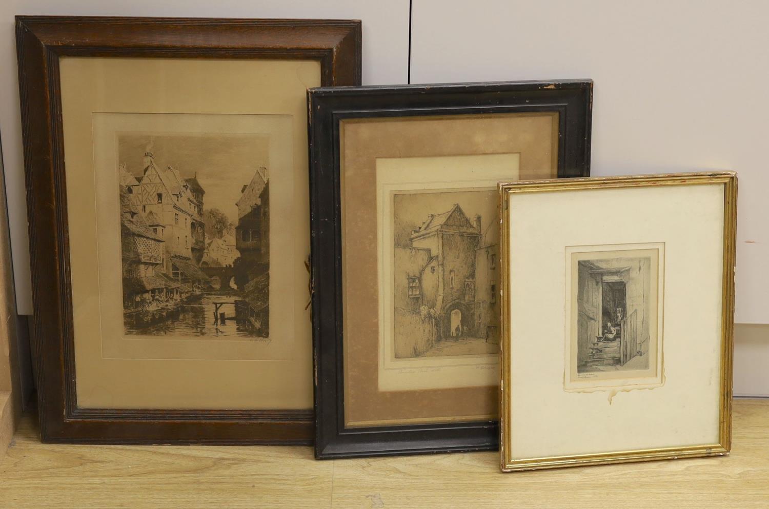 Three assorted etching by A.H. Hague, S. Green and F. Robson, largest 26 x 18cm
