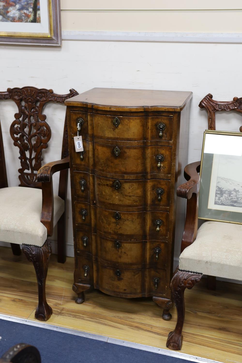 An early 20th century Queen Anne revival banded walnut six drawer tall chest, width 51cm, depth - Image 3 of 3