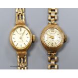 A ladies' 9ct gold-cased wristwatch on 9ct gold bracelet and another similar watch on gilt metal