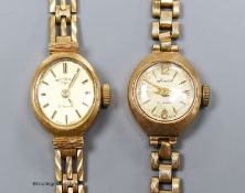 A ladies' 9ct gold-cased wristwatch on 9ct gold bracelet and another similar watch on gilt metal