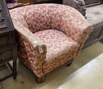 An Art Deco upholstered walnut large tub framed chair in the style of Betty Joel, width 102cm, depth