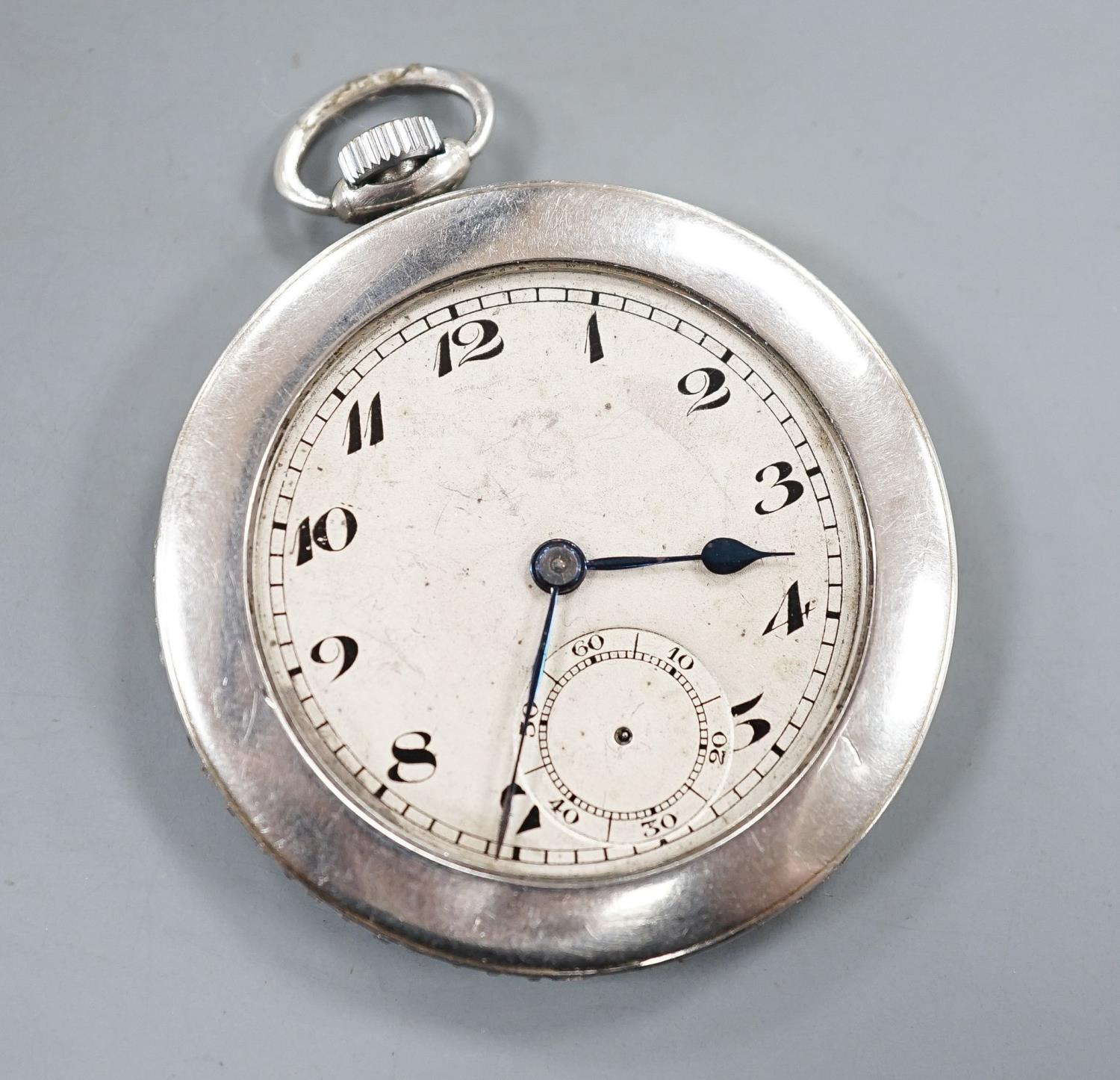 A mid 20th century white metal (stamped plat) and diamond set keyless open faced dress pocket watch,