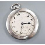 A mid 20th century white metal (stamped plat) and diamond set keyless open faced dress pocket watch,