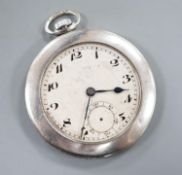 A mid 20th century white metal (stamped plat) and diamond set keyless open faced dress pocket watch,