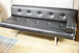 A stylish black vinyl and chrome buttoned settee, by William Plunkett sofa from early 1960s