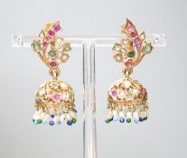 A pair of Indian? yellow metal and multi-gem set drop ear clips, 41mm, gross weight 13.2 grams.