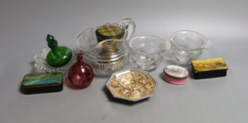 A Mauchlineware glass tumbler, a South Staffordshire enamel oval patch box, cut glass jug etc - 10