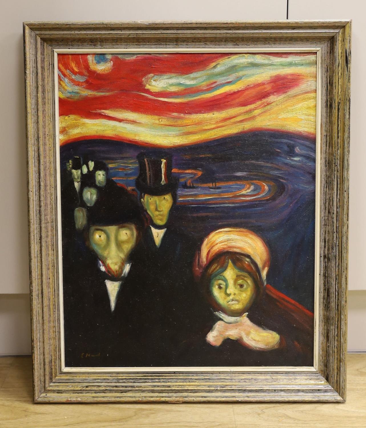 After Edvard Munch, oil on board, Three figures, 49 x 39cm - Image 2 of 3