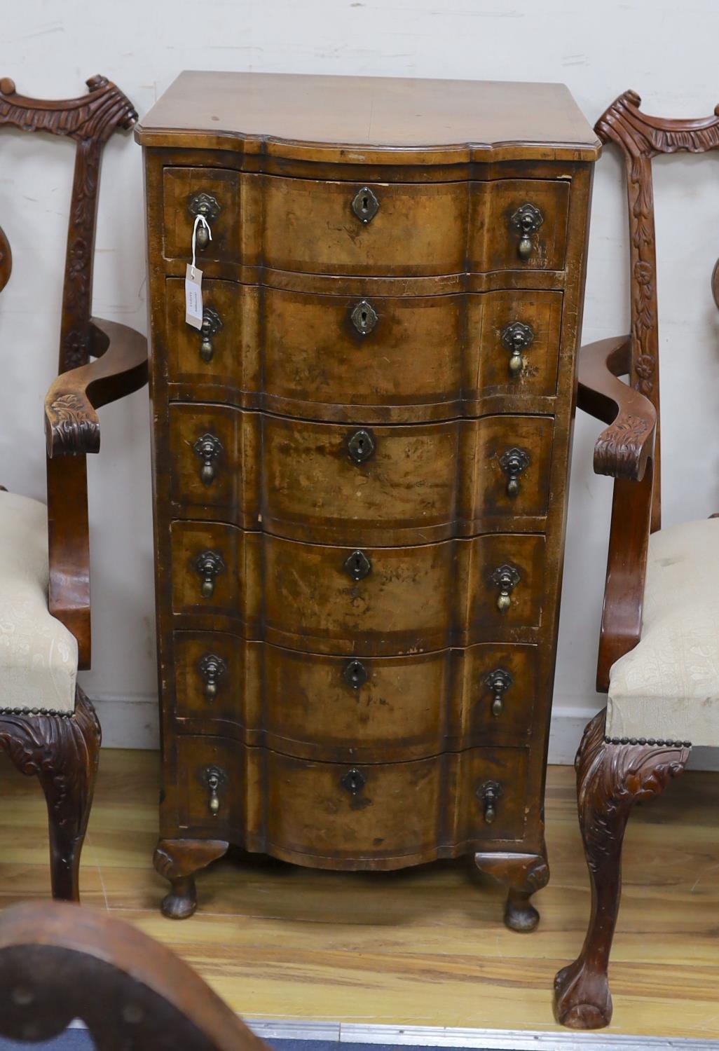 An early 20th century Queen Anne revival banded walnut six drawer tall chest, width 51cm, depth - Image 2 of 3