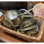 Seven assorted copper pans, some with covers, largest diameter 23cm
