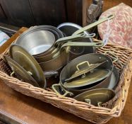 Seven assorted copper pans, some with covers, largest diameter 23cm